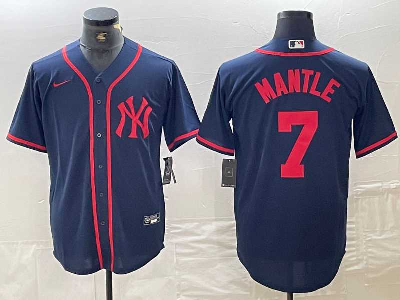 Men%27s New York Yankees #7 Mickey Mantle Navy Red Fashion Cool Base Jersey->new york yankees->MLB Jersey